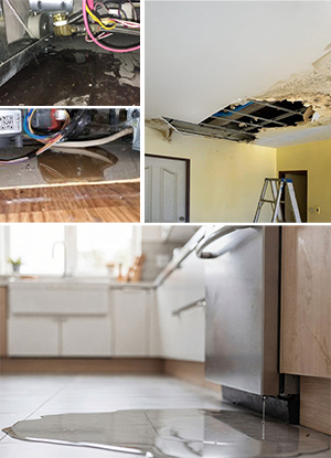 Real dishwasher leak damage showing flooded basement ceiling and water intrusion from a leaking dishwasher