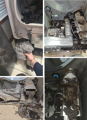 Collage of real customer photos showing dangerous heavy lint buildup deep inside dryers – the hidden fire hazard Pegasus thoroughly cleans on every repair