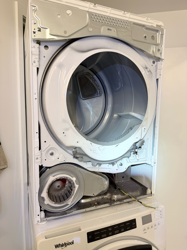 Whirlpool dryer opened for internal airflow inspection